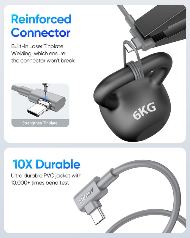 Detalle 2 de SUNGUY Cavo USB-C a USB-C angolare 90° con ricarica rapida PD fino a 60 W, nylon intrecciato (1,2 m, 2 pezzi) – Grigio