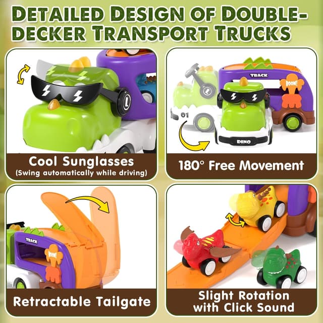 Detalle de Lehoo Castle 5-in-1 Dinosaur Truck Toddler Toy (LED, Pull Back, Slide Park) for 2 Year Olds