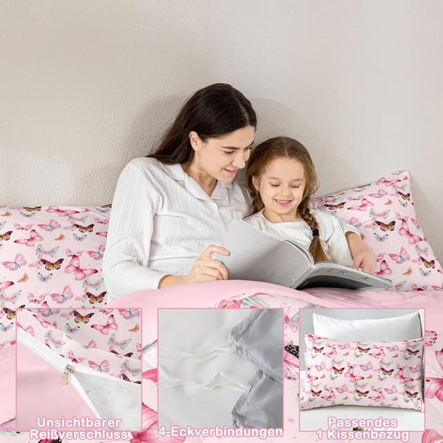 Detalle 2 de Homewish Mädchen Bettwäsche-Set 135 x 200 cm (2-teilig) „Süße Schmetterlinge“ – rosa
