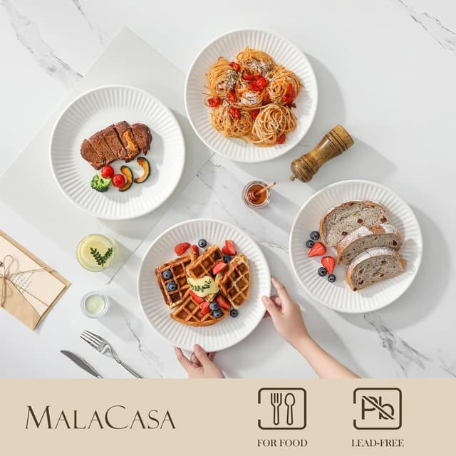 Detalle de MALACASA Speiseteller-Set für 6 Personen (Ø 26 cm) aus Porzellan – LEILA, weiß, gerippt & spülmaschinenfest