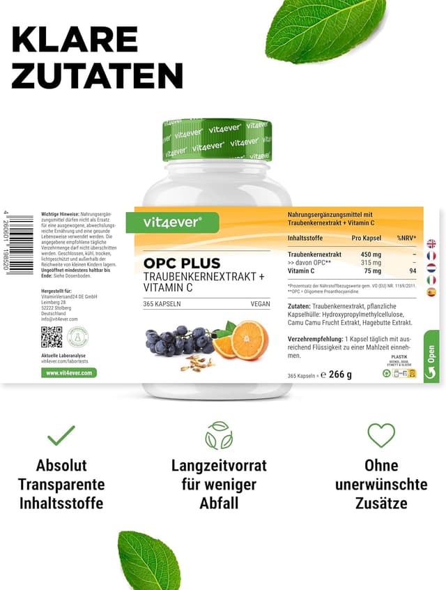 Detalle de vit4ever OPC Traubenkernextrakt + natürliches Vitamin C – 365 Kapseln für 12 Monate (OPC nach HPLC, vegan)