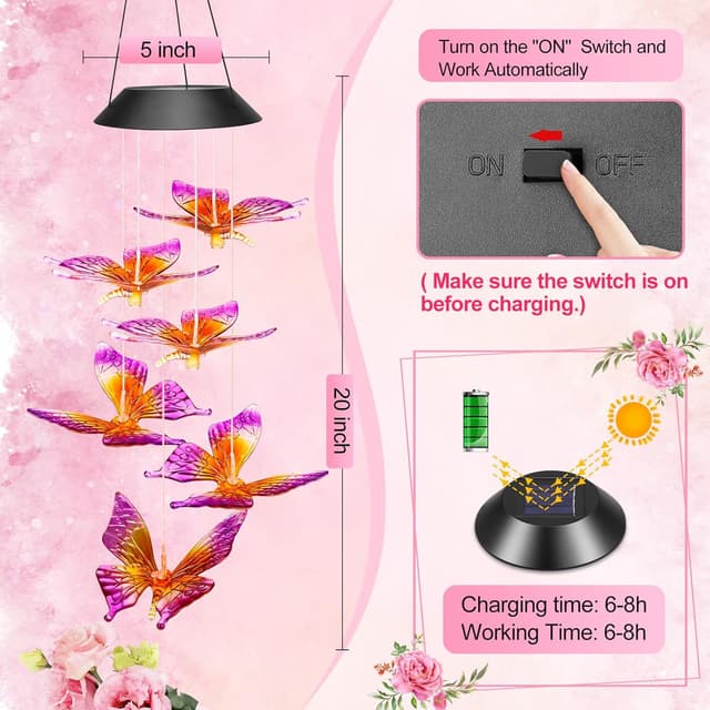 Thumbnail 6 de Winzwon Butterfly Solar Wind Chimes 6‑LED