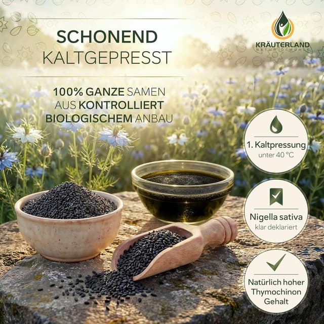 Detalle 2 de Kräuterland Schwarzkümmelöl Bio (500 ml) – kaltgepresst, ungefiltert, 1. Pressung