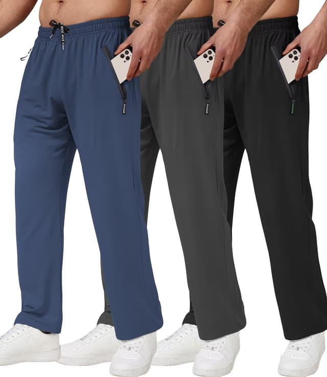 Detalle de lomsoe 3-Pack Men’s Athletic Pants with Zip Pockets (Lightweight Workout Sweatpants)
