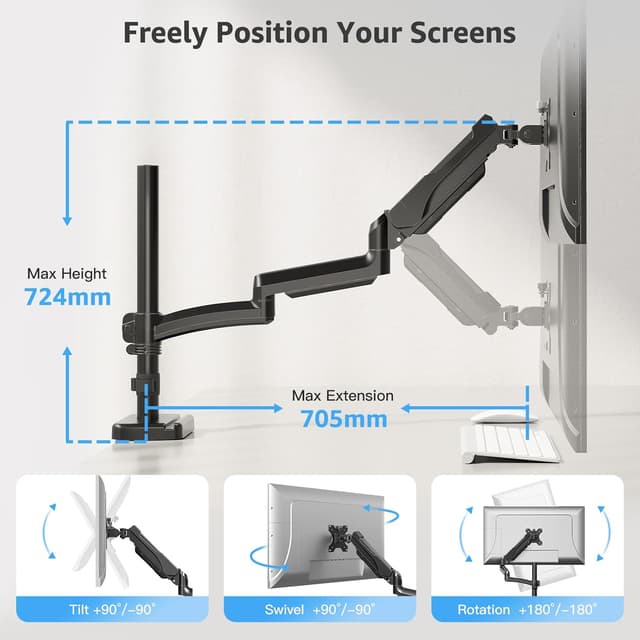 Detalle de MOUNTUP 705 mm Langarm Monitorhalterung für 13–32 Zoll (EU6021B) – Einzelarm bis 9 kg