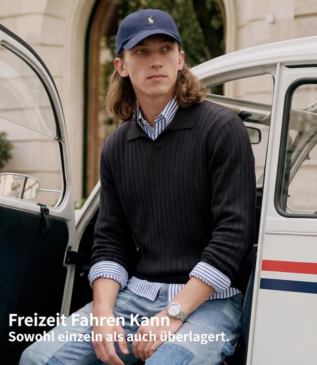 Detalle de GLESTORE Langarm-Poloshirt für Herren mit Giraffen-Stickerei