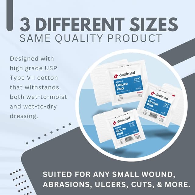 Detalle de Dealmed 3” x 3” Sterile Gauze Pads (100 Count) — Disposable, Individually Wrapped Wound Care Dressings