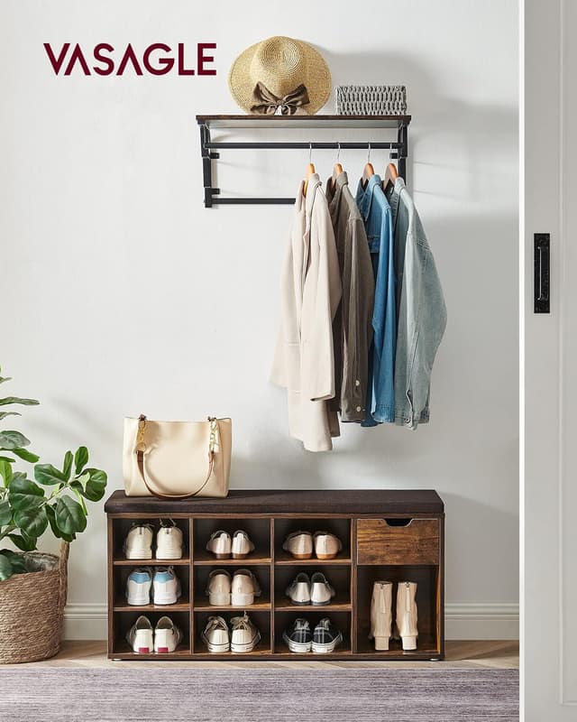 Detalle 2 de VASAGLE Panca Scarpiera con contenitore e cassetto LHS024T01, seduta imbottita marrone vintage