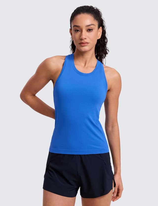 Detalle de CRZ YOGA débardeur sans couture pour femme à col haut et dos nageur, pensé pour la course et l’entraînement