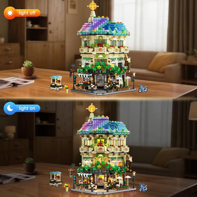 Detalle de INSON Flower Cafe House Building Set with Lights (1876-Piece Modular City Street Corner Shop Model)