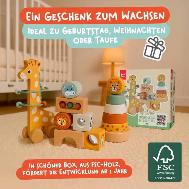 Thumbnail 6 de Nene Toys Montessori Holzspielzeug 4-in-1 Set ab 1 Jahr (Klangbausteine, Regenmacher, Stapelturm & Giraffen-Labyrinth)