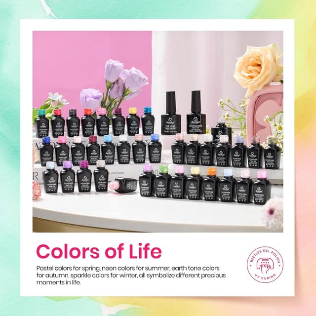 Detalle de Beetles UV-Nagellack-Set (39-teilig) mit 36 Farben + Basis & Top Coat matt/glänzend