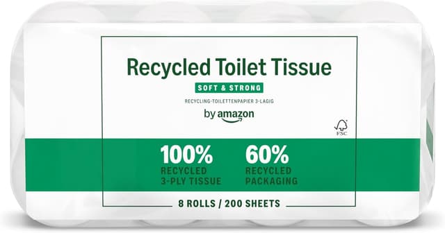 Detalle de Papier toilette by Amazon – 3 épaisseurs, 100% recyclé, 8 rouleaux (200 feuilles) – certifié FSC