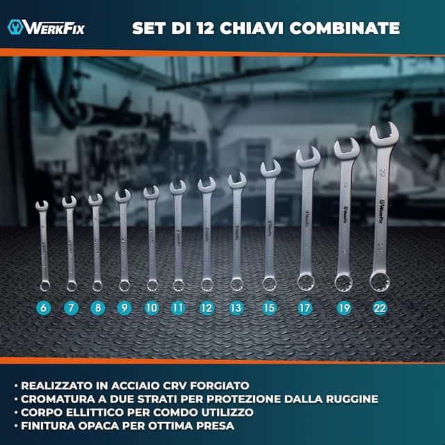 Detalle de WERKFIX set 12 chiavi inglesi combinate a forchetta e anello da 6 a 22 mm