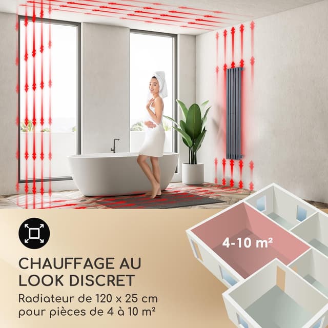 Detalle de Besoa Delgado radiateur 120x25 gris slim 2-en-1, 6 nervures verticales, montage mural (508 W/max)