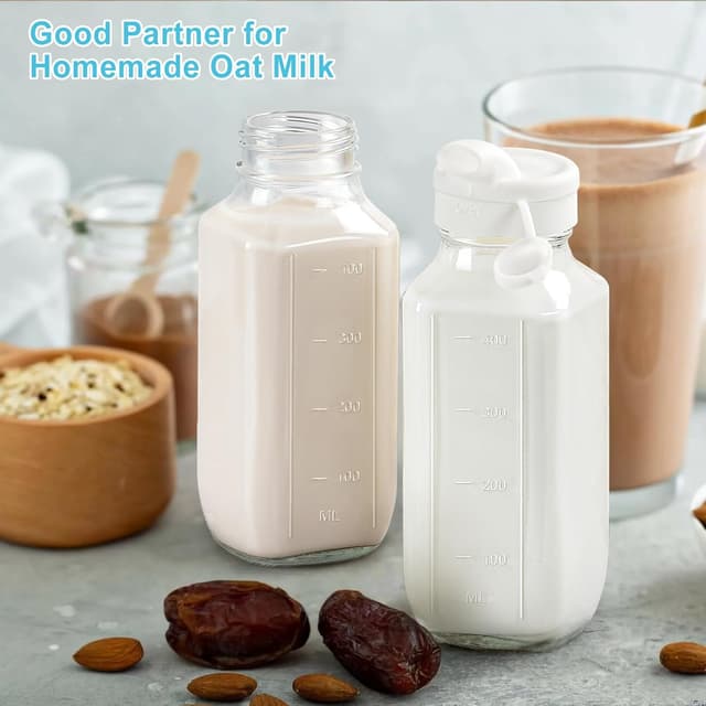Detalle de Absovetu 4 Pack Glass Juice Bottles with Airtight Lids, 500 ml (16oz) reusable glass milk and drink containers