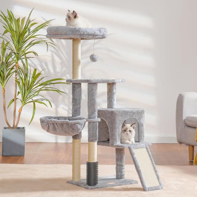 Detalle de Heybly 108cm Cat Tree with Self Groomer Brush and Kitty Condo (Light Gray HCT005SW)