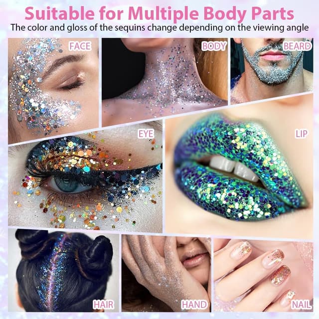 Detalle 2 de BUTBU Coffret de 24 gels pailletés holographiques (visage, corps, ongles, yeux) pour festival et maquillage
