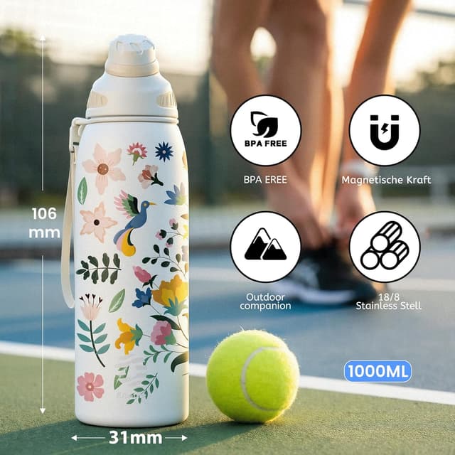 Detalle 2 de Fjbottle Sport-Trinkflasche aus Edelstahl mit magnetischem Deckel, 1.000 ml