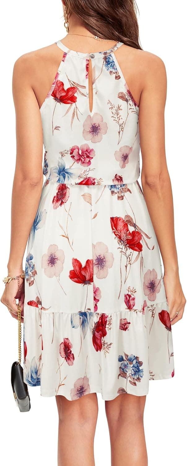 Detalle 2 de Newshows Damen Sommerkleid knielang mit Neckholder, Blumenmuster & Taschen