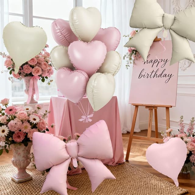 Detalle de FunHot Cream Pink Heart Balloons & Pink Bow Balloons Set (10 Pieces)