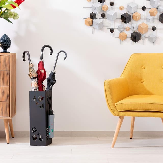 Detalle de Baroni Home Portaombrelli Quadrato in metallo con vaschetta scolapioggia rimovibile e gancino, nero