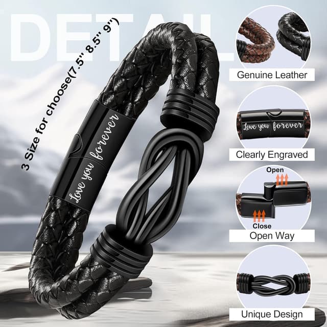 Thumbnail 4 de BTYSUN Leather Infinity Cuff Bracelet for Men