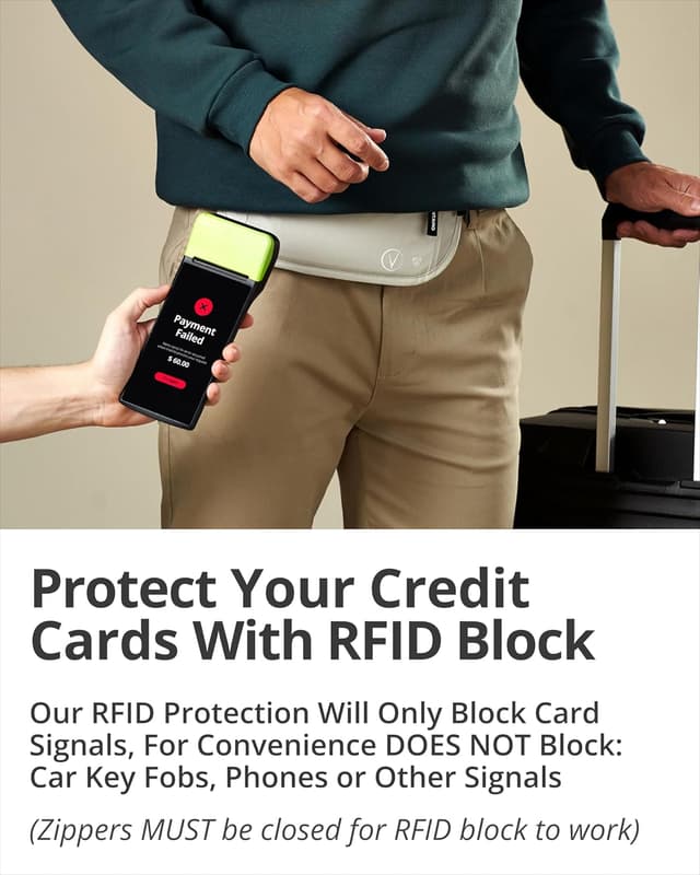 Detalle de Vantamo Bauchtasche Damen/Herren ultraflach mit RFID-Schutz – 2 Fächer, verstellbarer Gurt, für Reisen & Lauf/Wandern