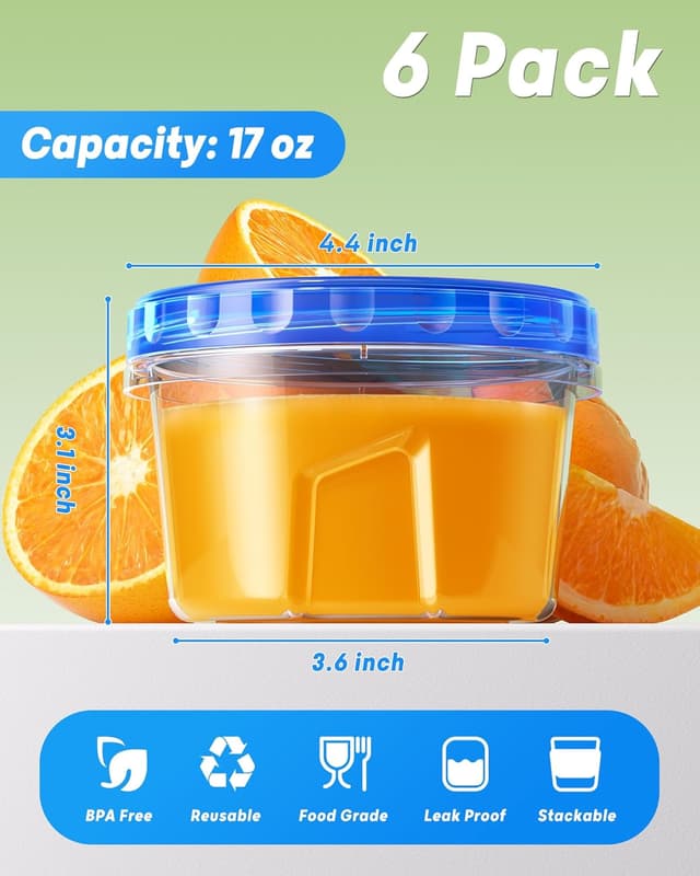 Detalle 2 de BiuLeon 6-Pack 17oz Freezer Storage Containers with Twist-Top Lids (BPA-Free, Microwave & Dishwasher Safe)