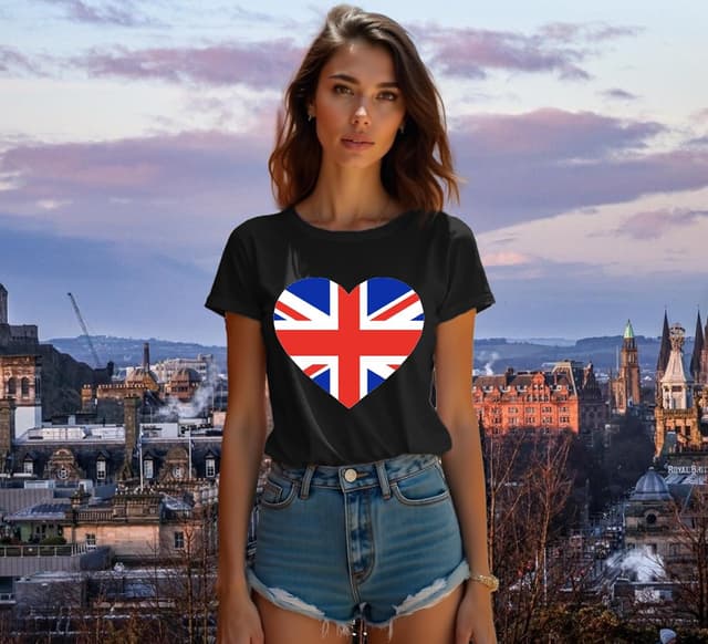Detalle 2 de Qskall women’s Union Jack T-shirt with heart print – British flag themed tee top