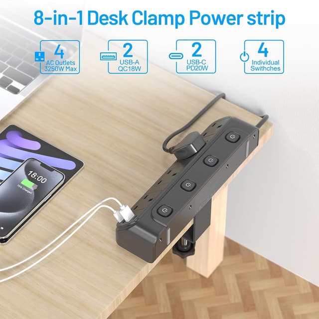 Detalle de BEVA Desk Extension Lead 1.8m: 4-way switched extension socket with PD20W USB charging