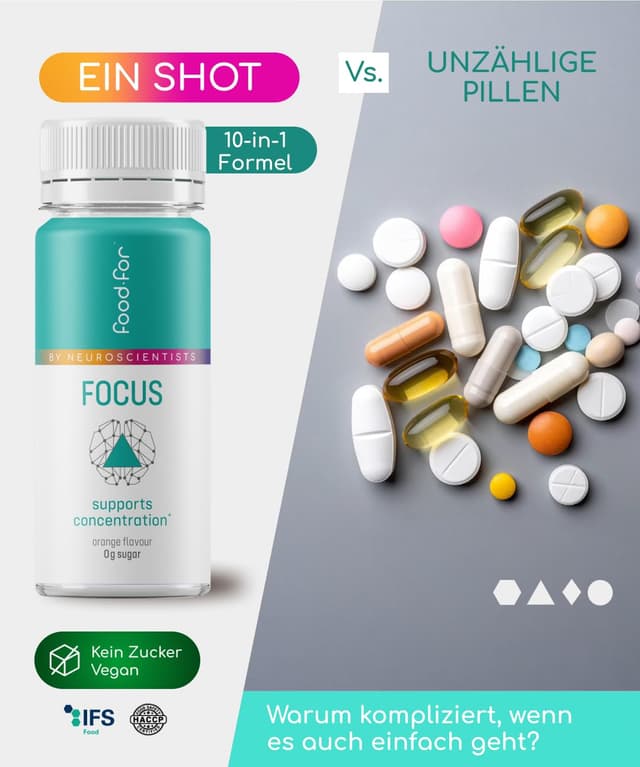 Detalle de FOODFOR FOCUS Booster „Dopamine“ 60 ml – Fokus-Shot mit L-Theanin, L-Tyrosin, Guarana & Ginkgo (zuckerfrei, 6-Pack)