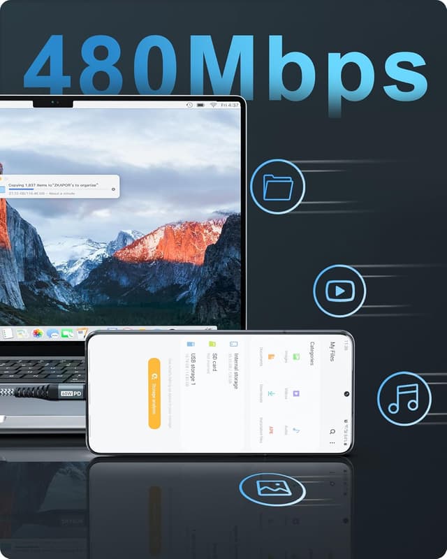 Detalle de ZKAPOR USB‑C auf USB‑C Kurz 30 cm Kabel (60 W) – Schnellladen & Datenübertragung, grau