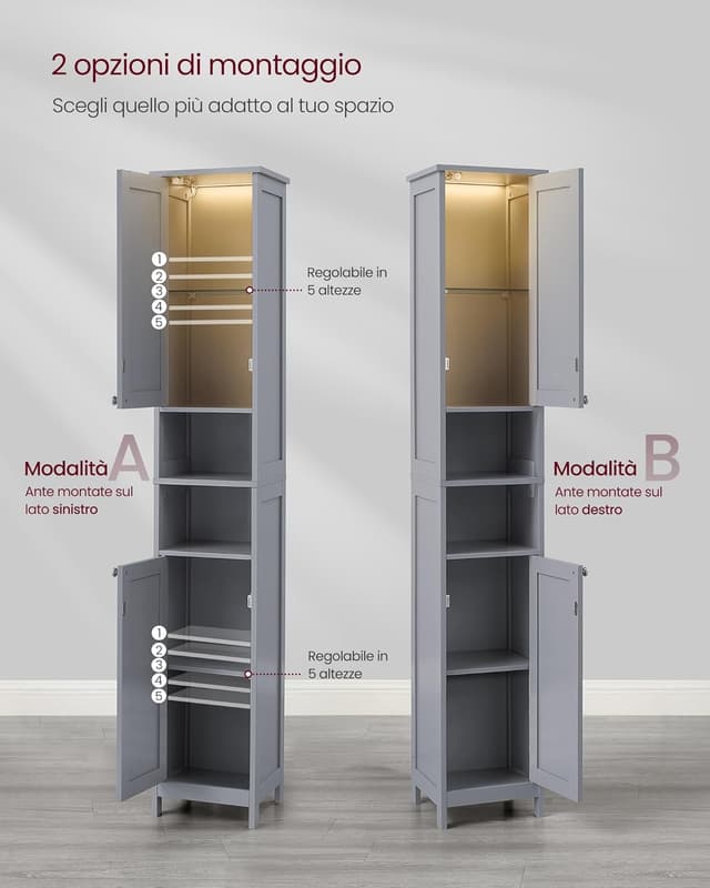 Detalle 2 de VASAGLE Mobile da bagno con luce BBC566G03, armadietto alto da colonna grigio tortora 30 x 30 x 170 cm