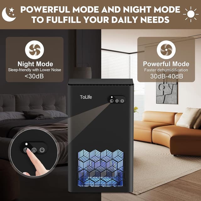 Detalle de ToLife Home Dehumidifier (1000 sq.ft) with 95 oz Tank, Auto Shut Off & 7-Color LED, Black