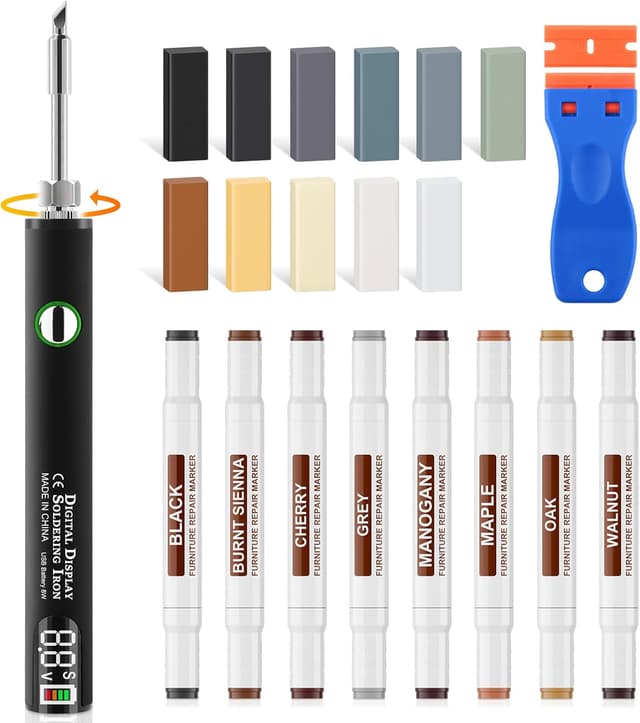 Detalle de Set di riparazione per pavimenti in vinile, laminato e parquet grigio con 11 blocchi di cera e penna termica USB