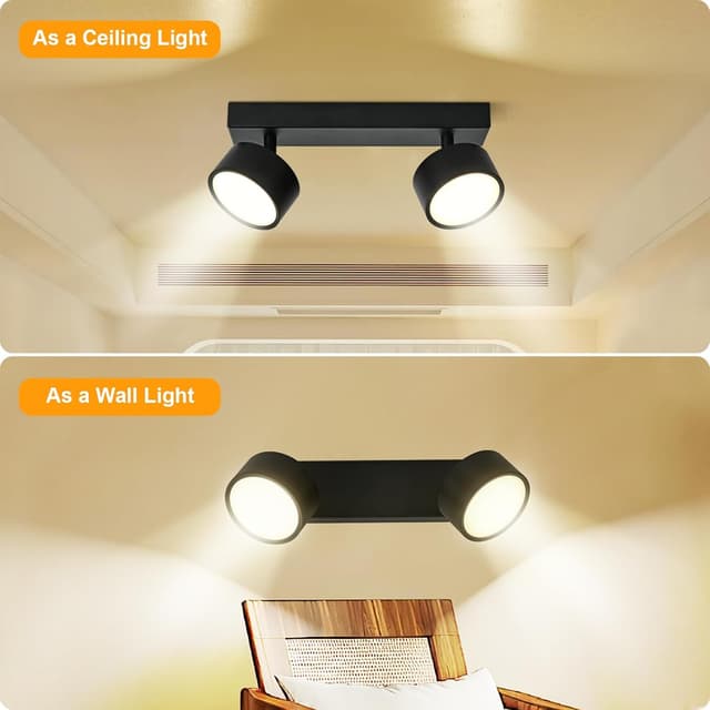 Detalle de Doughelec LED Deckenleuchte (2-flammig) mit schwenkbaren Spots, schwarz, 12 W, warmweiß 3000 K