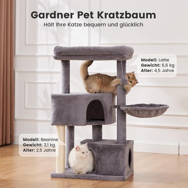 Detalle 2 de Gardner Pet Katzenbaum groß (105 cm) – Kletterbaum mit Kratzsäule, Plattform, 2 Höhlen und Korb, Dunkelgrau