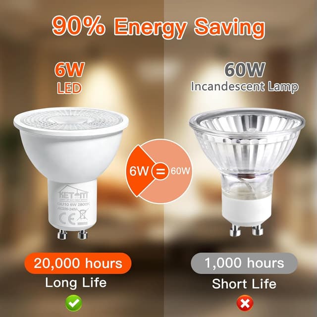 Detalle de Ketom Lampadine LED GU10 2800K da 6W (6 pezzi) luce calda 480 lm, 120°