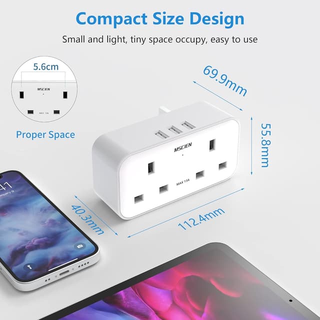 Thumbnail 5 de Mscien Double Plug Adapter 13A with 3 USB š