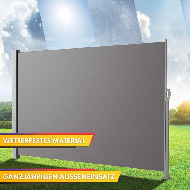 Detalle 2 de KARAT ALU Seitenmarkise ausziehbar in Hellgrau, 180 x 300 cm – Sicht- und Windschutz für Balkon, Terrasse & Garten