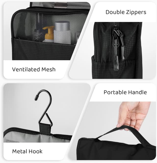 Detalle 2 de Hängender Kulturbeutel mit Haken (schwarz) – Kulturbeutel zum Aufhängen, 25 x 20 x 9 cm, 4 Fächer