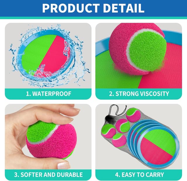 Detalle de Toss and Catch Ball Game Outdoor Toys for Kids and Adults (4 paddles, 4 sticky balls) — park, beach and garden yard game