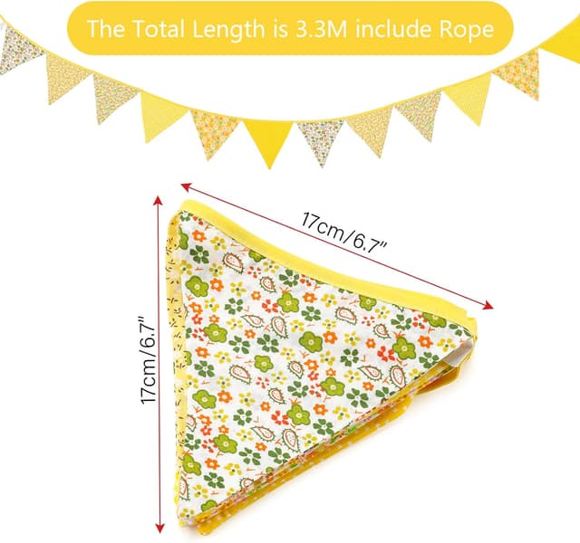 Detalle de G2PLUS Double Sided Cotton Fabric Bunting Banner (3.3m, 12 yellow floral pennants) for Easter & tea party décor