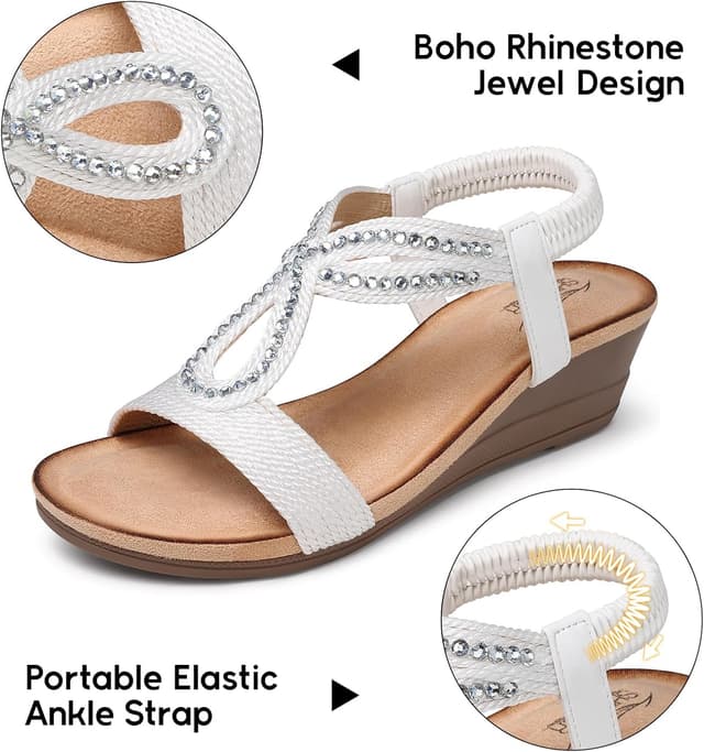 Detalle 2 de SHIBEVER White Wedge Sandals for Women (Low Wedge, Open Toe, Rhinestone & Jeweled Look)