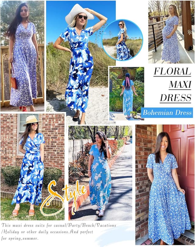 Detalle 2 de AUSELILY Maxi Dresses for Women — Ankle-Length Floral Wrap Dress with Pockets