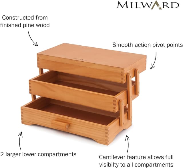 Detalle 2 de Milward boîte de rangement pour couture en porte-à-faux en bois de pin à 3 niveaux