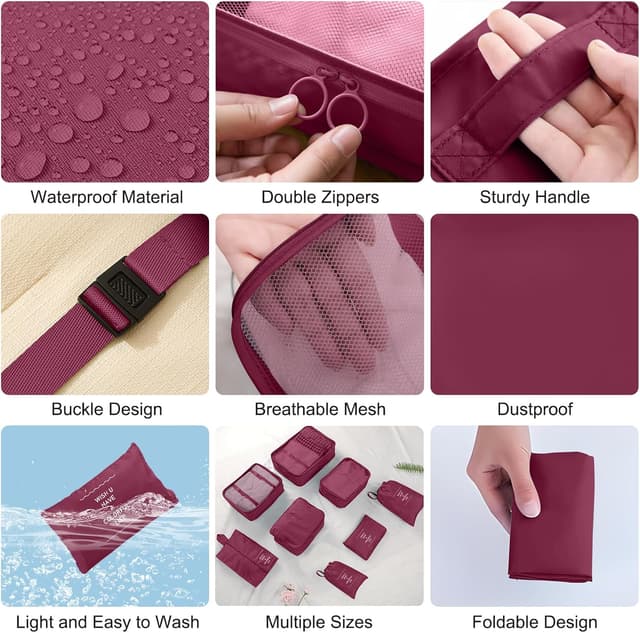 Detalle de TXBOBECO Koffer Organizer Set (10-teilig) – Packing Cubes und Packtaschen in Burgunderrot