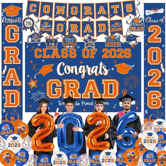 Detalle de Graduation Blue and Orange Decorations 2026 Set (Grad Backdrop, Banner, Swirls, Porch Sign, Foil & Latex Balloons)