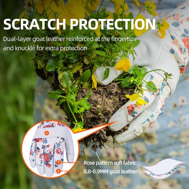 Detalle de Vgo… Guanti da giardinaggio donna antispine in pelle di capra antiscivolo, maniche lunghe (Taglia 7/S) – 1 paio